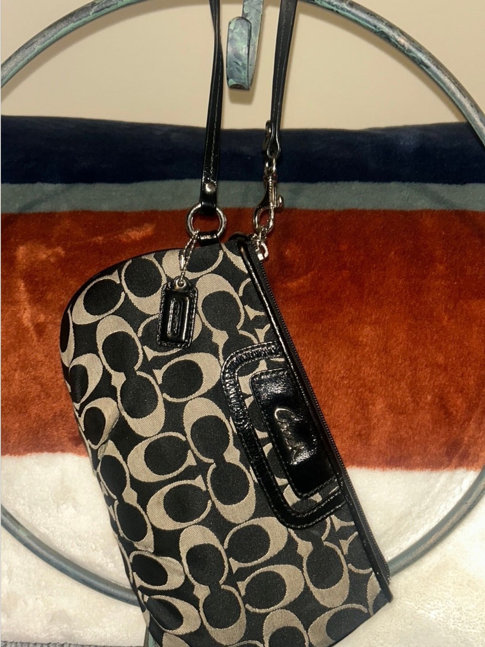 Coach Black & Khaki Signature Wristlet with Leather Trim